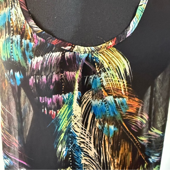 LOVELYGIRL COLLECTION Sheer Tank Top Black Multicolour Feather Pattern Racerback - Picture 4 of 10